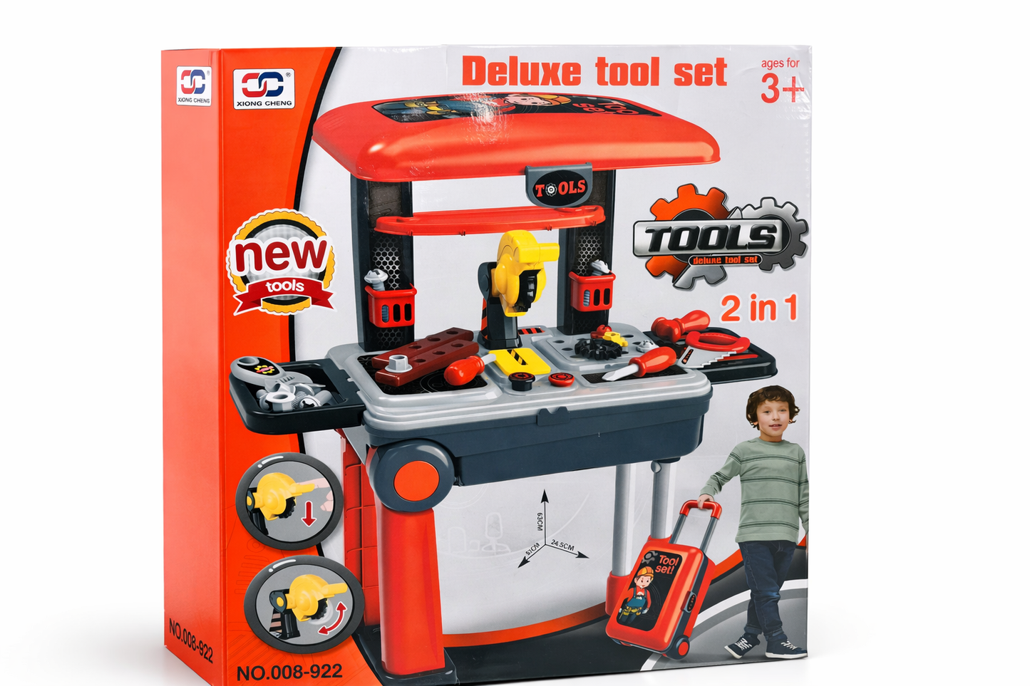Kids Deluxe Tool Set Workbench – 2 in 1 Portable Luggage Toolbox (3+)