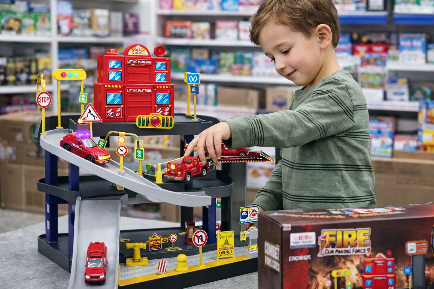 Fire DIY Parking Lot Playset with Lights & Music – 45 PCS (3+)