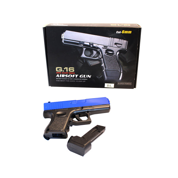 Galaxy G16 Metal Spring Airsoft Pistol – Two Tone Black/Blue | 9 Round Magazine