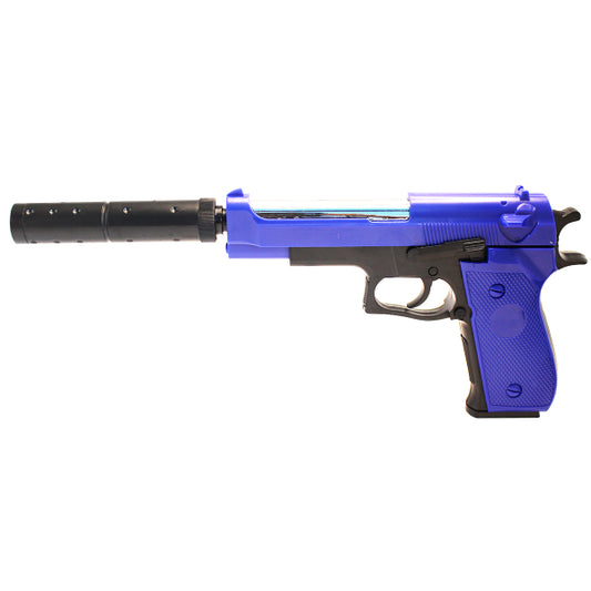 Double Eagle M22 Spring Airsoft Pistol With Suppressor – Two Tone Black/Blue | BB Gun