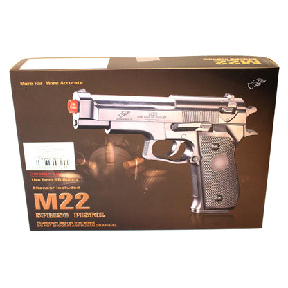 Double Eagle M22 Spring Airsoft Pistol With Suppressor – Two Tone Black/Blue | BB Gun