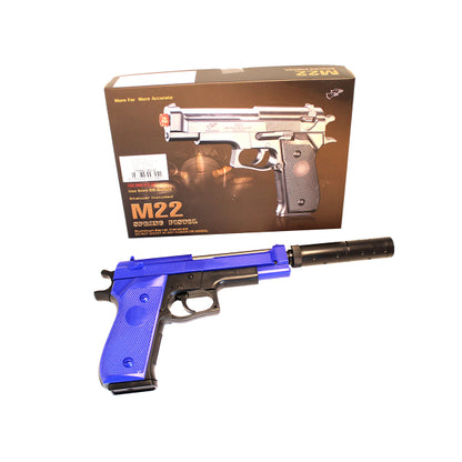 Double Eagle M22 Spring Airsoft Pistol With Suppressor – Two Tone Black/Blue | BB Gun