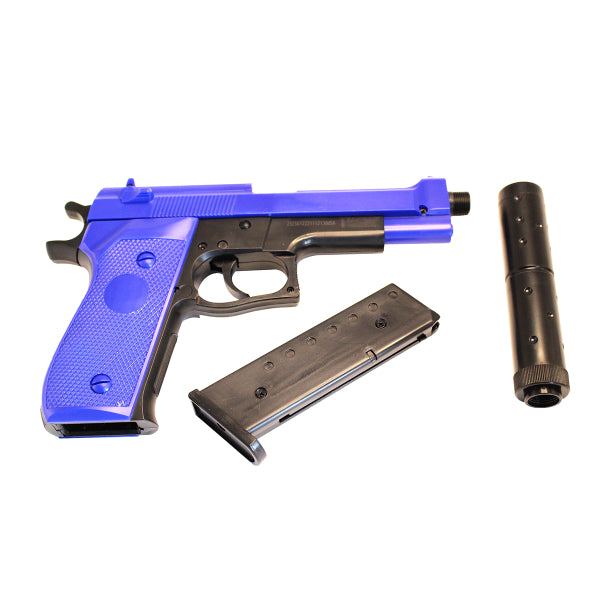 Double Eagle M22 Spring Airsoft Pistol With Suppressor – Two Tone Black/Blue | BB Gun