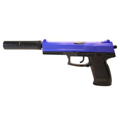 Double Eagle M23 Spring Airsoft Pistol With Suppressor – Two Tone Black/Blue | BB Gun