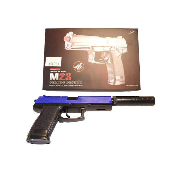 Double Eagle M23 Spring Airsoft Pistol With Suppressor – Two Tone Black/Blue | BB Gun