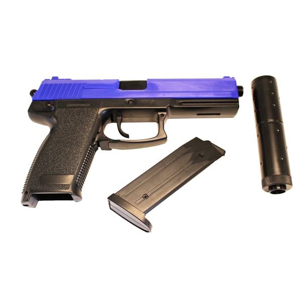 Double Eagle M23 Spring Airsoft Pistol With Suppressor – Two Tone Black/Blue | BB Gun