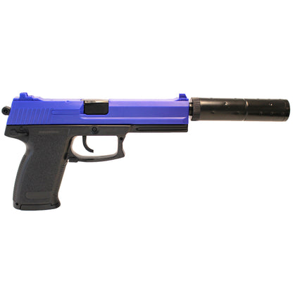 Double Eagle M23 Spring Airsoft Pistol With Suppressor – Two Tone Black/Blue | BB Gun