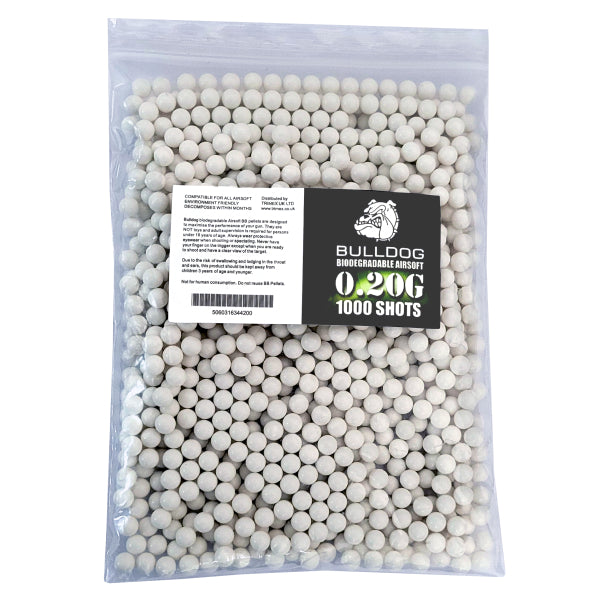Bulldog 0.20g Biodegradable Airsoft BBs – 1000 Round Bag | White BB Pellets