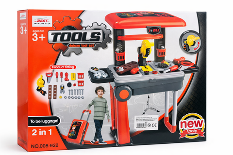 Kids Deluxe Tool Set Workbench – 2 in 1 Portable Luggage Toolbox (3+)