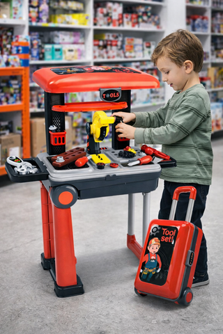 Kids Deluxe Tool Set Workbench – 2 in 1 Portable Luggage Toolbox (3+)